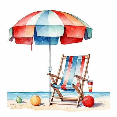 Watercolor Beach Chair, sky, beach, swim ring, umbrella, ball, Summer party clipart on the beach, white background, detailed, 8K