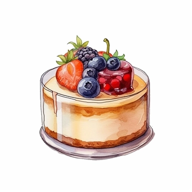 watercolor, hand drawn cheesecake in a bakery case clipart, hd, white background, spaced out--ar 3:2