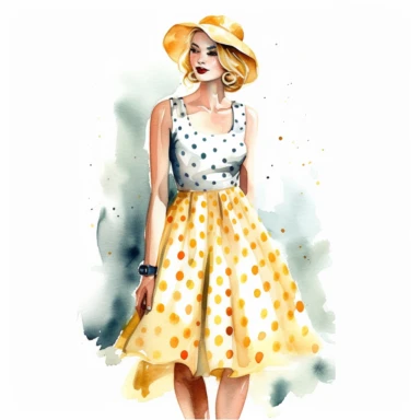 watercolor, hyper realistic, white background, white margins, 16k, ultra detailed clipart, cut out image, hand-drawn, whimsical a pretty lady wear a vintage-inspired polka dot dress with a sweetheart neckline, reminiscent of the classic summer style.