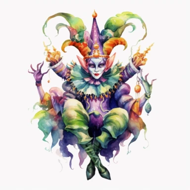 mardi gras jester clipart with watercolor illustration,full body shot,8k,etsy style, white background