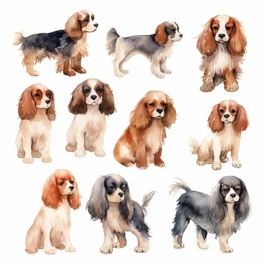 very simple watercolour childrens book style drawing of different isolated cute ruby king charles spaniels, soft on white background for clipart, 8k