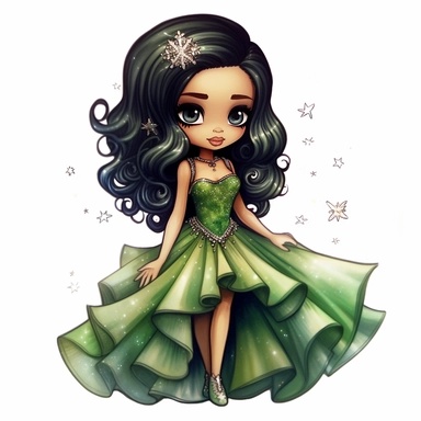 A cute detailed black girl in chibi style, Jasmine Becket - Griffith style, watercolour illustration clipart with real glitter detail, wearing a beautiful green full length ballgown style dress, the girl has long black hair, the girl has green eyes, full body image, with feet isolated on a white background