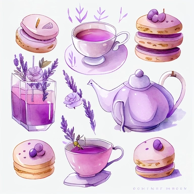 Draw a set of cartoon - style watercolor illustrations of a lavender - themed afternoon tea in shades of purple and pink. The images should have a elegant, refined, and sweet aesthetic, incorporating elements such as lavender - scented desserts, teas, and other culinary items such as macarons, scones, and a teapot. Individual images cliparts