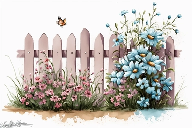 fence with flowers clipart, sitting, happy spring, holding a flower bouquet, landing, 2D, disney watercolor catoon, pink and blue pastel color, high-details, high-resolution, hd, solid white background
