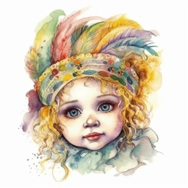cute baby girl wearring carnival mask, mardi gras, kaluta art style pen and ink watercolor clipart,isolated on white background
