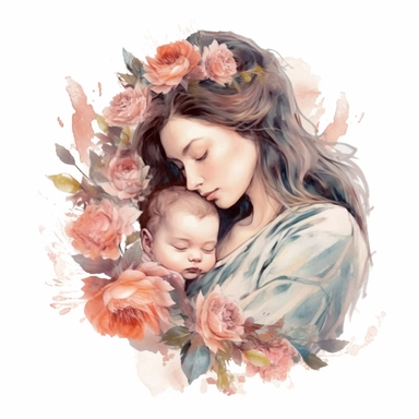 beautiful mommy cuddle her cute baby with pale flowers, dreamy styles, pale and flower background, cartoon character, watercolor styles, Sublimation Clipart,hyper realistic, intricate detail, illustration style,high solution,on the white background