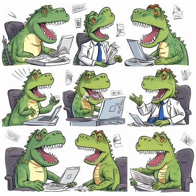 Design a clipart set that depicts a dinosaur excitedly doing office work in a cubicle while wearing a suit. Add images of the dinosaur typing on a computer, filling out paperwork, on the phone, or writing with a pen. Include his expressions and body language showing excitement, interest, and engagement in his work. Make sure the environment looks mundane, including his desk, office equipment, and other elements related to regular office space, with an unusual setup of a dinosaur as the employee.