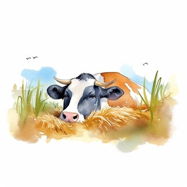 Painted cartoon illustration of a cow sleeping in a wheat field, clip art, digital art, HD, white background, watercolor, white liner, no paint drips