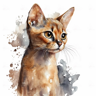 watercolor cute Abyssinian cat clipart, white background,