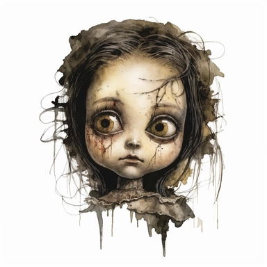 a headshot showing the scary face of a possessed antique doll with long hair and cracks, watercolor, ultra high-detail, dark outlines, clipart