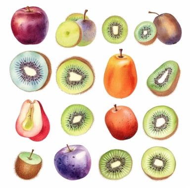 Draw a set of playful and colorful, watercolor style illustrations of kiwis, evenly space elements for clipart, white background