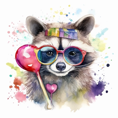 please create watercolor clipart of a raccoon smiling, wearing party props and bubbles, colorful, WHITE BACKGROUND