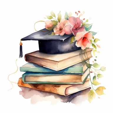 Graduation cap on top of stack of books with flowers, watercolor clipart, soft colors