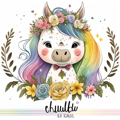 cute unicorn in chibi style with flowers in hair, colourful rainbow colours, well lite, with name plate ribbon with gold trim, watercolor clipart using procreate grain brush, svg white background