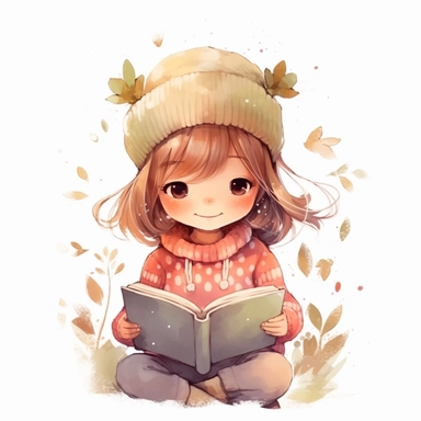 cute little girl reading a book, folk art, watercolor, clipart elements, kawaii, winter time, winter clothes, white background