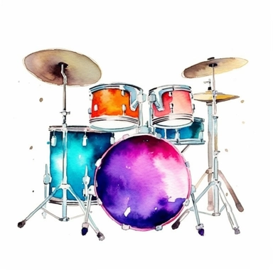 watercolor clipart, one individual drum set, vibrant splash of color, white background