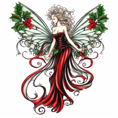 christmas fairy, very large wings made of holly leaves, clipart, red and green, black white stripes, holly, , isolated on white background, in the style of Amy Brown, beautiful christmas floral, bright color, crisp lines, chaos 8