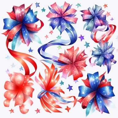 Streamers and Ribbons: Create clipart of streamers and ribbons in vibrant colors, flowing or draped in dynamic patterns. This clipart can be used to add a sense of movement and festivity to your designs.patriotic pattern, stars and stripes, red white and blue, delicate detail, watercolor, in the style of artgerm, 2d game art, quadratura, clipart, on white background,