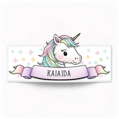 personalised name plate ribbon for text, a large unicorn chibi face, birthday invite, pastel clipart, Watercolour, pure white background