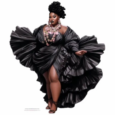 ?????socialite black woman bods, plus size, long massive braids, full glam, fashion icon, talented and good vibes, dressy pant and couture frilly fliiw top, clipart, white background