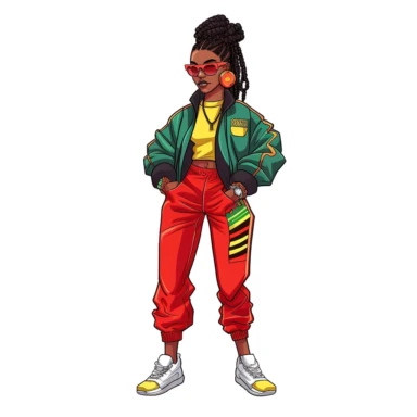 cartoon illustration of a cute black woman, wearing nike air jordan shoes, wearing a green, yellow and red fly 90s outfit, large hoop earrings, sunglasses, clipart, white background