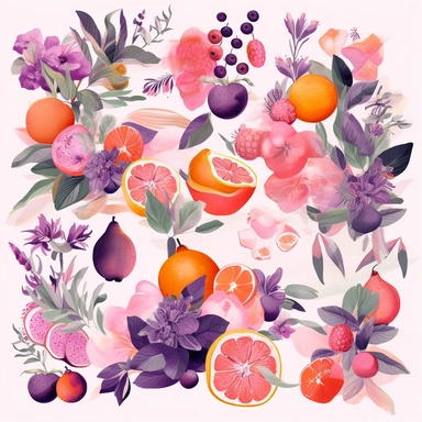 isolated clipart illustrations combining vibrant and pastel colour palettes to evoke feelings of joy, innocence, and enthusiasm. Pastel tones, pinks, and purples dominate the palette, creating a harmonious and comforting visual experience, focuses on summer fruits and blooming animated flowers in the style of óscar domínguez on isolated white background