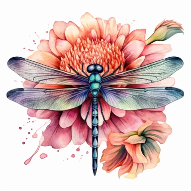 a watercolor clipart of a dragonfly on a flowe