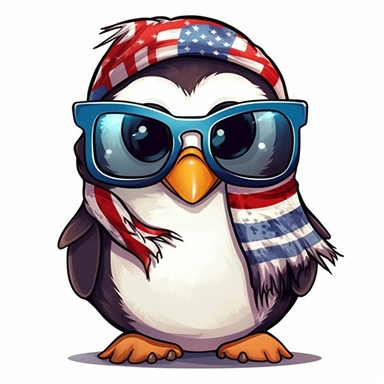 Sticker, American flag with penguin scarf and sunglasses Sublimation Clipart, Cartoon funny, Cute anime, Very detailed, white background
