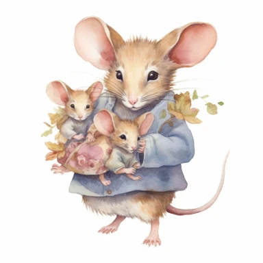 a mom mouse carrying a cute little baby mice, watercolor, clipart, hd, detailed