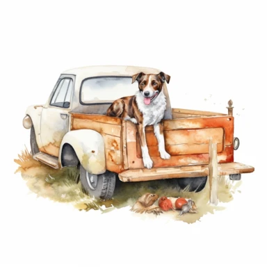 watercolor old farm truck with happy dog in bed, clipart, white background