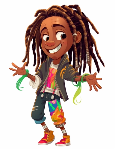 cute cool smiling black boy with wild colorful dreadlocks, dancing, chibi style, jewelry, hip hop clothing, hands in pocket, clipart, whole body, white background,