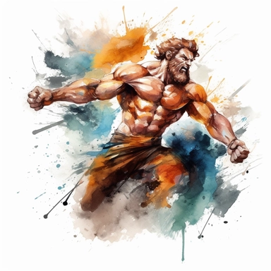 A watercolor clipart of Hercules, portrayed in a dynamic action pose, muscles flexed and ready for battle, with bold and energetic brushstrokes, showcasing his might and courage as he faces mythical creatures and challenges