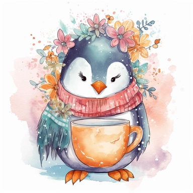 a cute penguin with a winter scarf and a hot cocoa mug, depicted in a whimsical, cartoon style, watercolor, surrounded by colorful flowers and butterflies. The mood of the artwork is cheerful and playful, with a soft pastel color palette. The lighting style is bright and sunny, evoking a warm and inviting feeling. clipart design graphic, vector, contour, super cute, isolated white background, high quality, 2d, flat