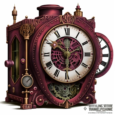 Steampunk clock image, steampunk, intense colors, luxurious, victorian, clipart, watercolour, maroon, white background, detailed, sideways, 3d