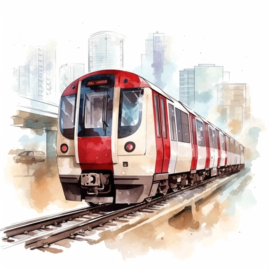 iconic london underground train with canary wharf in the background, white background, clipart, realistic looking, very detailed