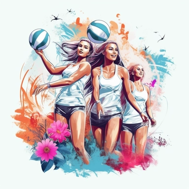 tshirt print artwork in digital painting style, beautiful flowers, girls play volleyball on beach, white background, colorful fantasy surround, highly detailed clean, vector image, photorealistic masterpiece, professional photography, realistic, flat white background, isometric, vibrant vector, clipart, illustration, realism, 4k, , cinematic, front view, white background,