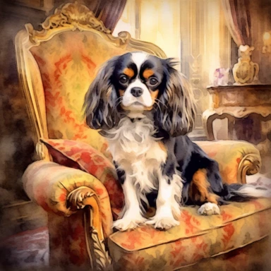 A Cavalier King Charles Spaniel sitting gracefully on a plush cushion in an elegant living room. Clipart, watercolor painting.
