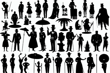 silhouettes of soldiers, priests, devils, fauns, angels, jugglers, cops, clowns, madmen. Bizarre, whimsical, random, victorian, theatrical, funny. Black and white clipart collection, white background