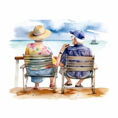Old Couple on Beach Chair Watercolor Sublimation Clipart, Clipart, white background, no watermark, no text, no word,