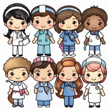 kawaii a line of adorable nurses, all genders and races, clip art