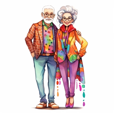 full body clipart of older modern couple wearing rainbow clothes in Jasmine Becket-Griffith style, logo style, soft colors, clean edges, refined edges, stunning, captivating, contour, isolated white background