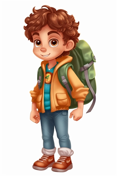 cute boy ages 6 years old curly brown hair in a camping outfit, no background, cartoon style, clipart, transparent background