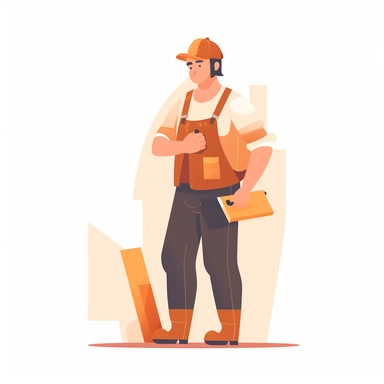 vector design, builder works with tools, writes, flat modern illustration, clipart, very simple picture, white background, soft gradient transition, in the style of warm color palette, natural colors, in orange brown and blue, object portraiture specialist, uniformly staged images, animated illustrations