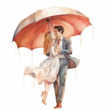 charming GROOM, holding an umbrella over his bride's head, protecting her from the sun, watercolor, Pixar style, Clipart on a white background