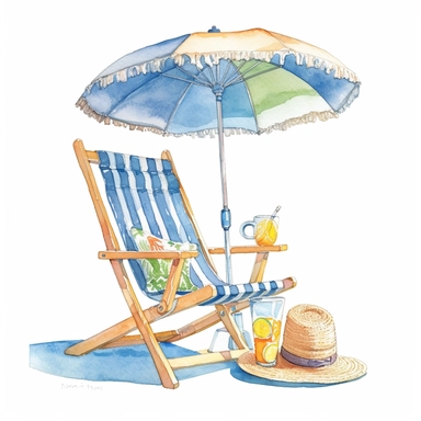watercolor, hyper realistic, white background, white margins, 16k, ultra detailed clipart, cut out image, hand-drawn, whimsical manhwa style, ultra HD, sharp and clean art a comfy beach chair, umbrella, straw hat, beach bag, magazine, and a refreshing drink on a beach