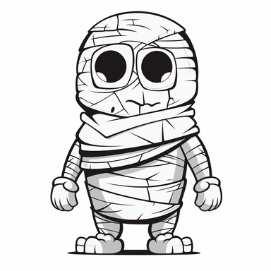 black and white silhouette of a halloween cartoon mummy, clipart style, white background, thick lines, vector, simple design, flat colour, solid colour