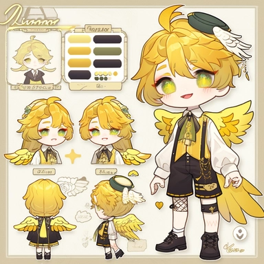 character sheet, knoling, clipart, inventory catalog, cute chibi character, golden wavy long hair, long bangs, yellow-green eyes, flat chest, beautiful young boy, gothic, frill, lace shirt, high West brown shorts, yellow bird, mimosa, yellow jewelry, ribbon