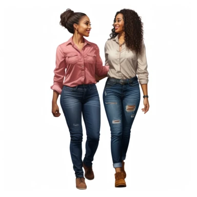 realistic illustration of two female african american friends standing very close to each other. Ladies are wearing denim jeans and a short top, belly is visible, modern look. Clipart, isolated on white background, 4K