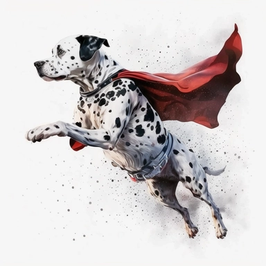 dalmation jumping in mid air wearing a cape, watercolor clipart, white background, no text or logos,