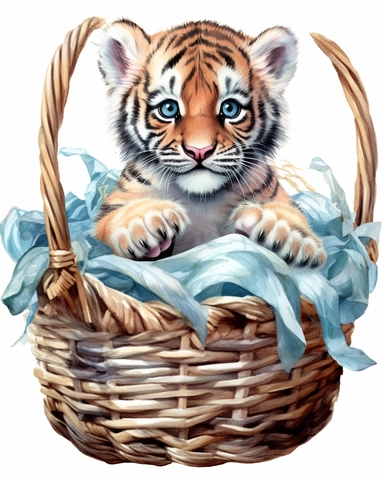 detailed watercolor Baby tiger on a basket , hyper realistic, isolated on a white background, clipart
